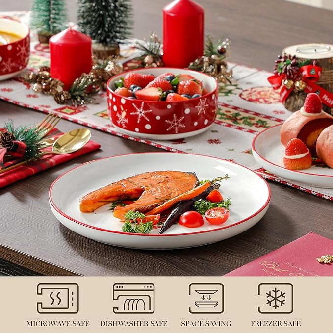 MALACASA Plates and Bowls Sets, 24 Pieces Christmas Porcelain Dinnerware Set for 8, Ceramic Dishware Dishes White Kitchen Dinner Dining Ware Set, Microwave and Dishwasher Safe, Series LUNA-Santa Claus