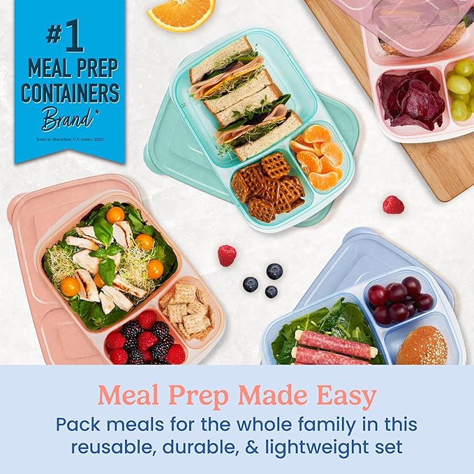 Bentgo Easyboxes - Original Stackable Lunch Boxes - Reusable 3-Compartment Food Containers for Kids and Adults - Bento Lunch Box for Meal Prep, School, & Work - BPA Free, Set of 4 (Pastels)