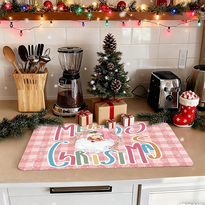 Pink Plaid Christmas Santa Dish Drying Mat, Winter Merry Christmas Coffee Bar Mat for Countertops, Preppy Santa Xmas Absorbent Dish Drying Mats for Kitchen Counter Coffee Maker, 16x24 Inch
