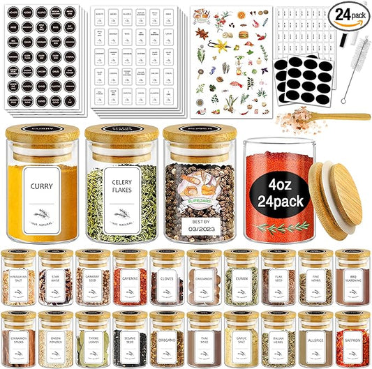 SLifeJars-Spice Jars with Label, 4 oz 24 pcs Spice Containers Glass Jars with Bamboo Lids, Seasoning Containers Bottles, Airtight Empty Glass Jars for Spice Rack,Drawer,Cabinet,Pantry