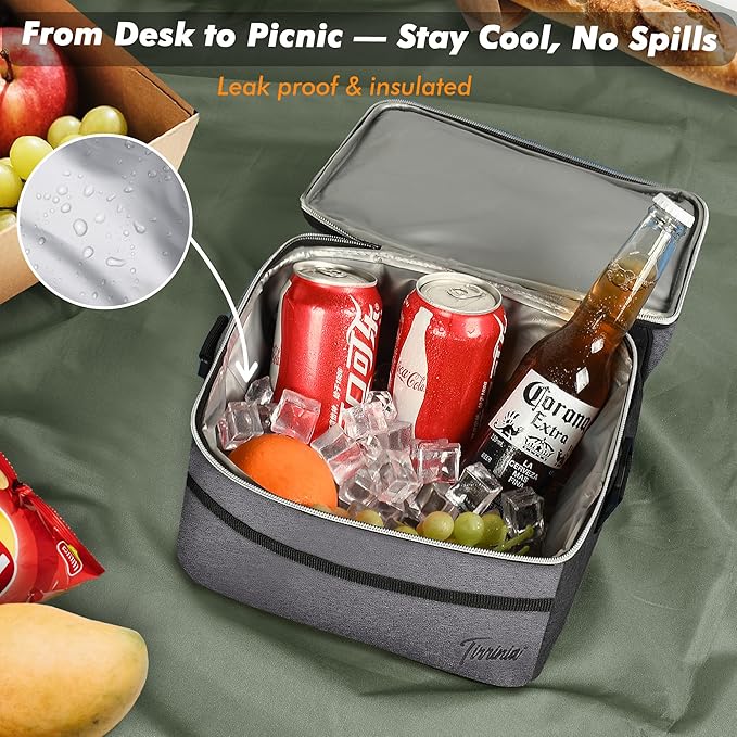 Tirrinia Reusable Lunch Box for Men Women, Insulated Lunch Bag Adult Work, Double Decker Leakproof Lunchbox for Office Picnic Beach—Dual Compartment Lunch Cooler Bag,Gray