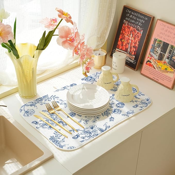 Blue Floral Dish Drying Mats 18x24 Inch Blue and White Chinoiserie Flower Drying Mats Seasonal Vintage Decorative Coffee Bar Mat Absorbent Fast Drying for Kitchen Dining Room Decor