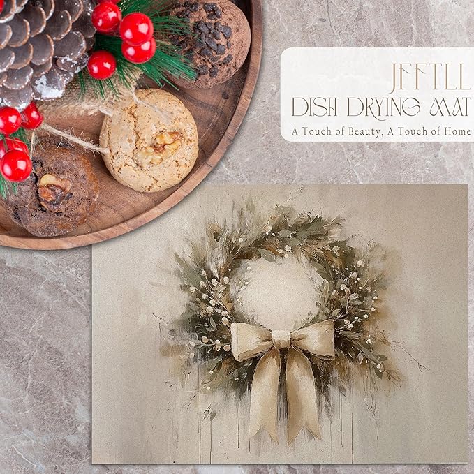 Christmas Wreath Dish Drying Mat, Vintage Winter Xmas Holiday Absorbent Dish Drainer Reusable Washable Drying Mat Pad for Kitchen Counter, Farmhouse Christmas Decor, 12×15 Inch