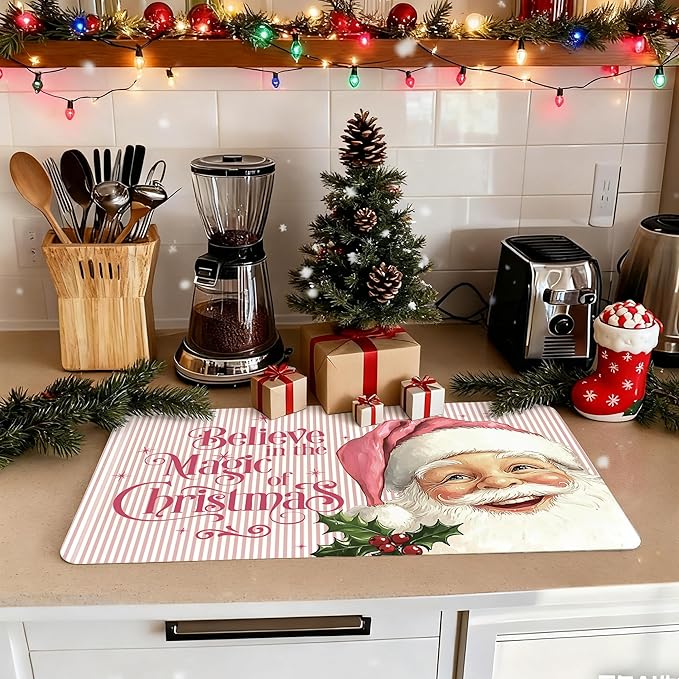 Pink Christmas Santa Dish Drying Mat, Preppy Xmas Coffee Bar Mat for Countertops, Believe in the Magic of Christmas Absorbent Dish Drying Mats for Kitchen Counter Coffee Maker, 16x24 Inch