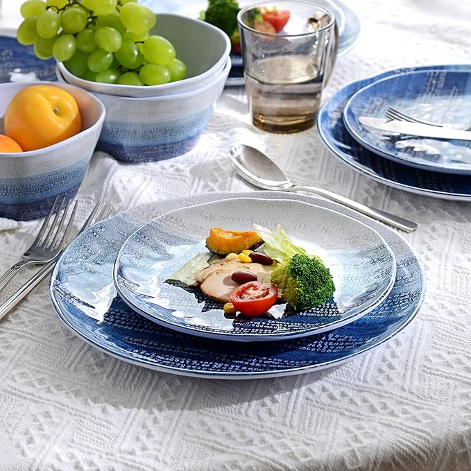 12 Piece Melamine Dishes Set for 4, Unbreakable Plates and Bowls Sets for Camping, Lightweight dinnerware set, Kind to kids, Dishwasher Safe, Ideal for RV, Sky Blue and White Retro