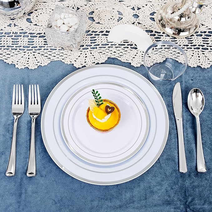 WELLIFE 300 PCS Silver Dinnerware Set for 50 Guests, Silver Plastic Disposable Plates for Party, 50 Dinner Plates, 50 Salad Plates, 50 Cups Forks Knives Spoons for Wedding and Party Anniversary
