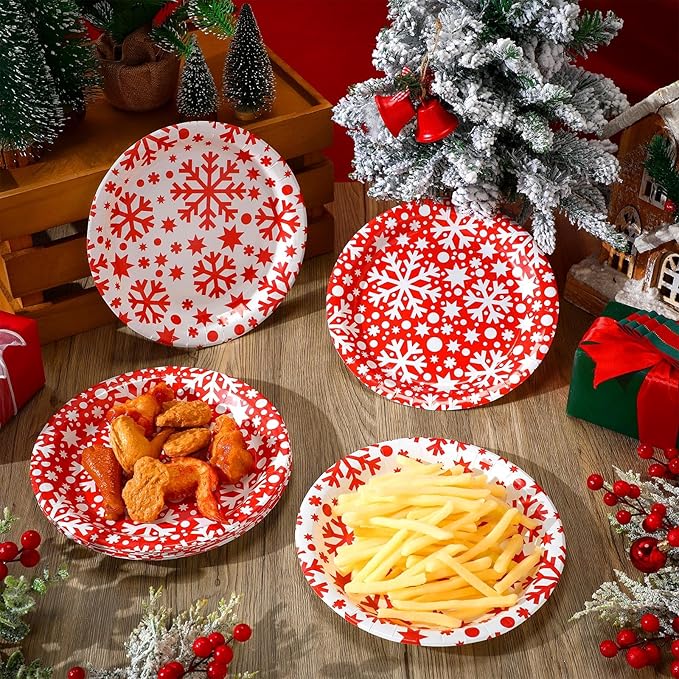 Zhehao 100 Pcs Christmas Paper Plates 9 Inch Disposable Plates Bulk Red and White Snowflake Christmas Party Decoration for Xmas Candy Dinner Plate Party Wedding Event Supplies