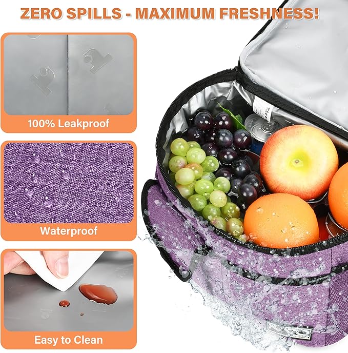 Tirrinia Insulated Lunch Bag for Women Men, Leakproof Lunch Box Containers for Adult, Work, School, Soft Lunchbox for Kids,Boys, Adult Cooler Bag for Picnic Hiking Beach,Purple