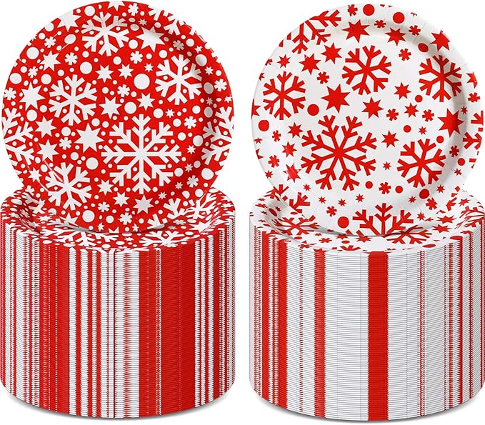 Zhehao 100 Pcs Christmas Paper Plates 9 Inch Disposable Plates Bulk Red and White Snowflake Christmas Party Decoration for Xmas Candy Dinner Plate Party Wedding Event Supplies