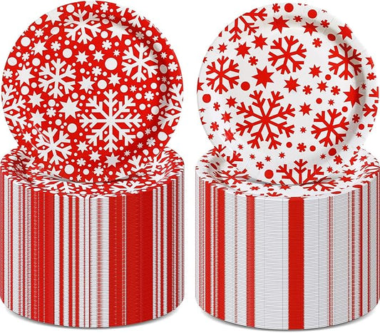 Zhehao 100 Pcs Christmas Paper Plates 9 Inch Disposable Plates Bulk Red and White Snowflake Christmas Party Decoration for Xmas Candy Dinner Plate Party Wedding Event Supplies