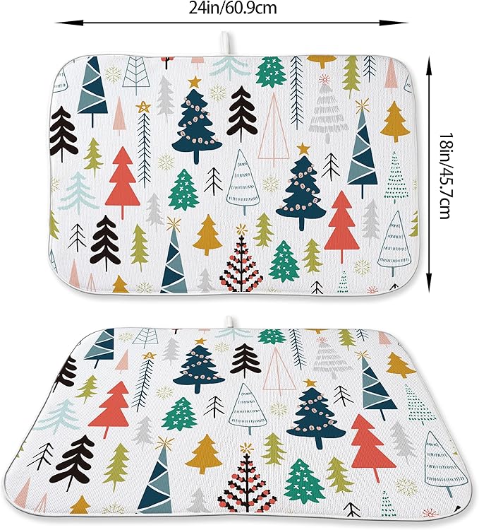 Christmas Dish Drying Mats 18x24 Inch Colorful Geometric Christmas Tree Drying Mats Xmas Winter Holiday Kitchen Decor Absorbent Drying Pad Rack Drainer Mats for Kitchen Dining Room Counter