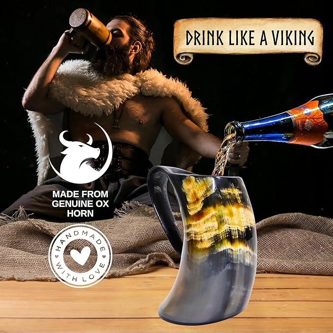 Viking Craft's Horn Mug - Beer Mug | Handmade Drinking Horn for Norse Myth Fans | Unique Gifts for Men & Women| Rustic Viking Drinking Cups for Mead, Ale, Beer| Tankard Gift, Made From Ox - 16oz