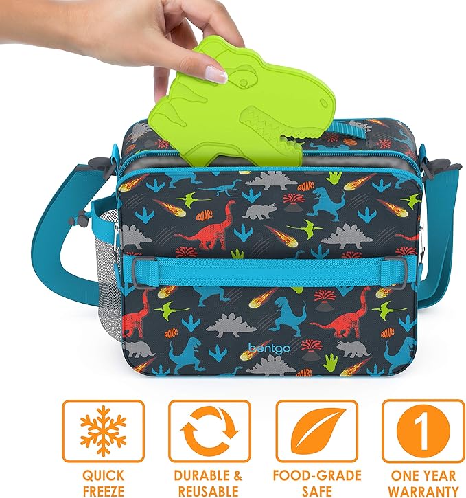 Bentgo Buddies Reusable Slim Ice Packs for Lunch Boxes, Lunch Bags, and Coolers - Multicolored 4-Pack (Dinosaur)