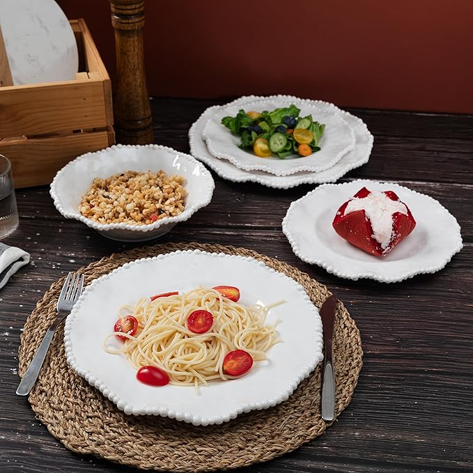 Cream 12pcs Beaded 100% Melamine Dinnerware Set, Elegant Scalloped Edge Durable & Shatterproof Outdoor Dining Set,Unbreakable Plates & Bowls Set for Indoor/Outdoor Use, Dishwasher Safe