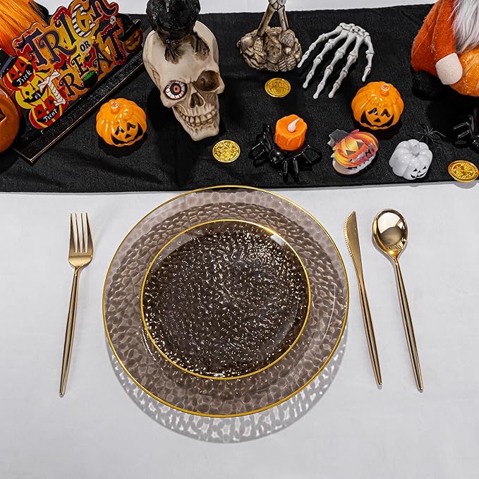 SUT 100Pcs Black Plastic Plates, Hammered Plates Disposable Heavy Duty, Black Disposable Plates With Gold Rim, Fancy Plastic plates Include 50 Dinner and 50 Dessert plates for Wedding