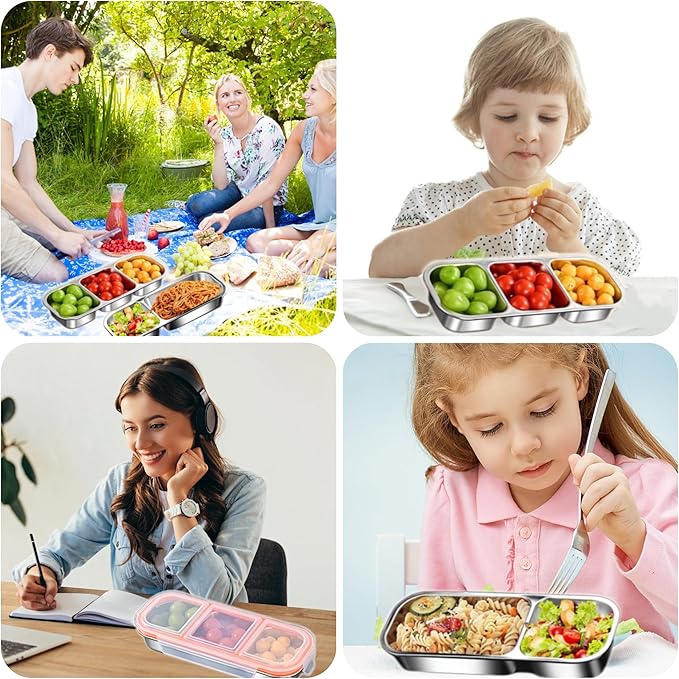 Stainless Steel Snack Containers, Reusable Condiment Box with Lids for Kids Adults,3 Compartment Sauce Cups, Divided Food Storage Containers for School, Home, Travel