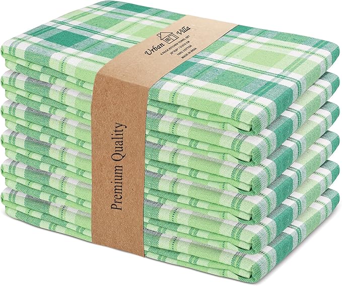 Urban Villa Green Checks Kitchen Towels Set of 6 Buffalo Checks Kitchen Towels 20X30 Inches 100% Cotton Highly Absorbent Kitchen Towels Premium Quality Ultra Soft Mitered Corners Towel
