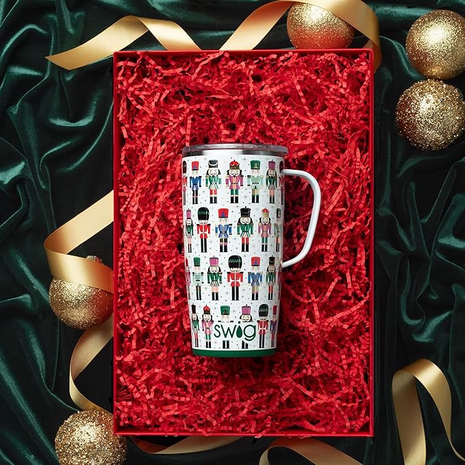 Swig Life 22oz Travel Mug, Insulated Tumbler with Handle and Lid, Cup Holder Friendly, Dishwasher Safe, Stainless Steel, Travel Coffee Cup, Insulated Mug (Classic Nutcracker)