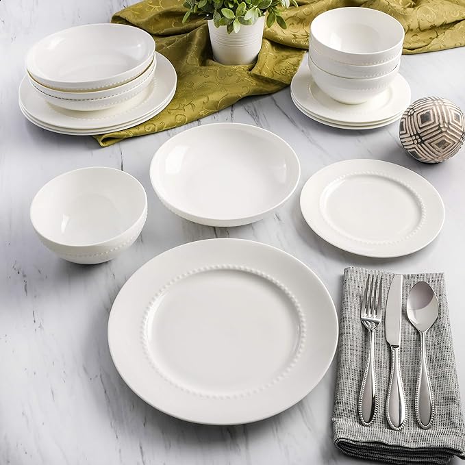 Gibson Elite Embossed Bone China 16-Piece Double Bowl Dinnerware Set, Service for 4 – White Elegant Plates and Bowls