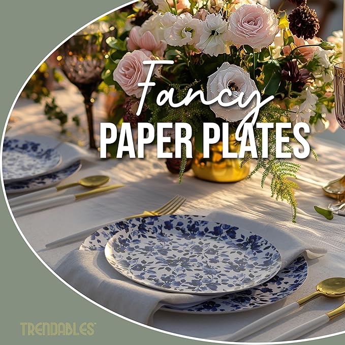 Trendables Heavy Duty Paper Plates Set For 32 Guests - 32 Each Of 8-inch And 10-inch Disposable Plates For Party - Fancy 64 Piece Dinnerware Set For All Occasions | Floral Design, Bluebelle