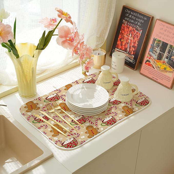 Christmas Dish Drying Mats 18x24 Inch Candy Cane Snowflake Gingerbread Man Drying Mats Xmas Winter Holiday Kitchen Decor Absorbent Drying Pad Rack Drainer Mats for Kitchen Dining Room Counter