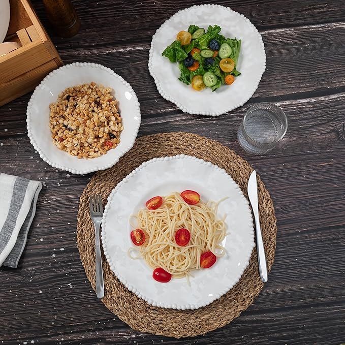 Cream 12pcs Beaded 100% Melamine Dinnerware Set, Elegant Scalloped Edge Durable & Shatterproof Outdoor Dining Set,Unbreakable Plates & Bowls Set for Indoor/Outdoor Use, Dishwasher Safe