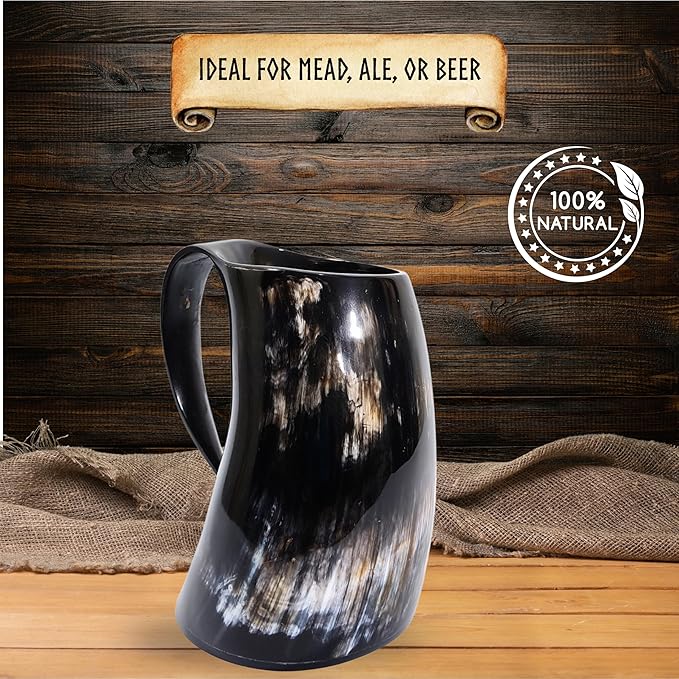 Viking Craft's Horn Mug - Beer Mug | Handmade Drinking Horn for Norse Myth Fans | Unique Gifts for Men & Women| Rustic Viking Drinking Cups for Mead, Ale, Beer| Tankard Gift, Made From Ox - 25oz