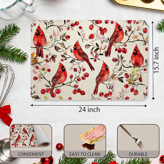 Christmas Red Cardinal Dish Drying Mat, Christmas Berry Tree Cardinal Coffee Bar Mat for Countertops, Rustic Xmas Absorbent Dish Drying Mats for Kitchen Counter Coffee Maker, 16x24 Inch