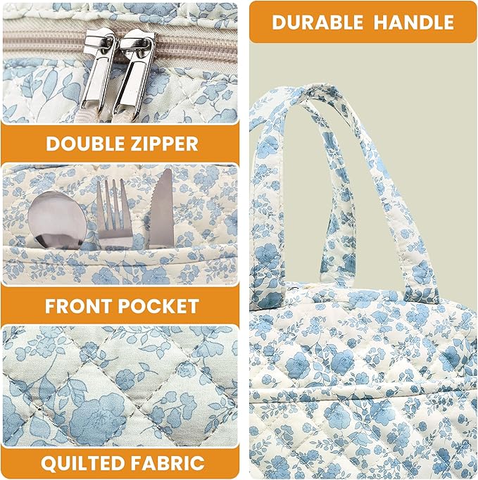 Quilted Lunch Box for Women,Insulated Cute Reusable Lunch Bag with Front Pocket,Pink Flower Stylish Lunch Tote Bag for Work, Office,Picnic, Travel,School (blue floral)