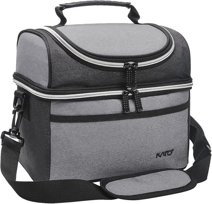 Tirrinia Reusable Lunch Box for Men Women, Insulated Lunch Bag Adult Work, Double Decker Leakproof Lunchbox for Office Picnic Beach—Dual Compartment Lunch Cooler Bag,Gray
