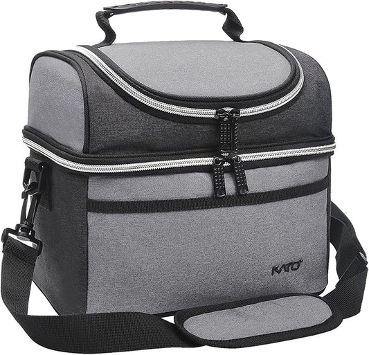 Tirrinia Reusable Lunch Box for Men Women, Insulated Lunch Bag Adult Work, Double Decker Leakproof Lunchbox for Office Picnic Beach—Dual Compartment Lunch Cooler Bag,Gray