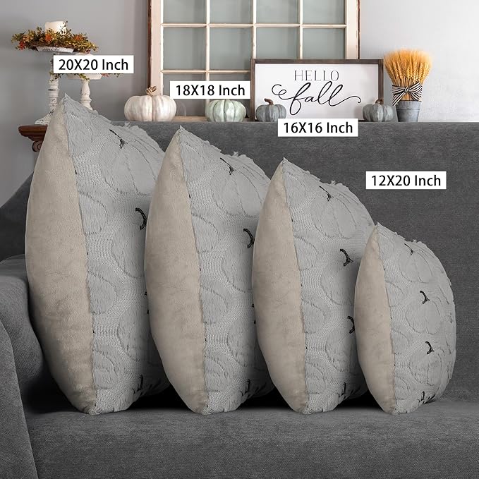 4TH Emotion Fall Pumpkins Decorative Pillow Covers 18x18 Set of 2, Gray Soft Plush Faux Fur Wool Farmhouse Throw Cushion Cases for Autumn Thanksgiving Holiday Home Decorations