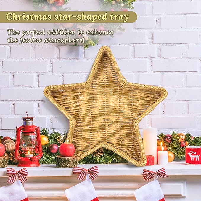 Star Wicker Basket, Star Shaped Plate, Holiday Appetizer Tray, Christmas Serving Dishes and Platters, Oat Milk, Resin Wicker Set of 2
