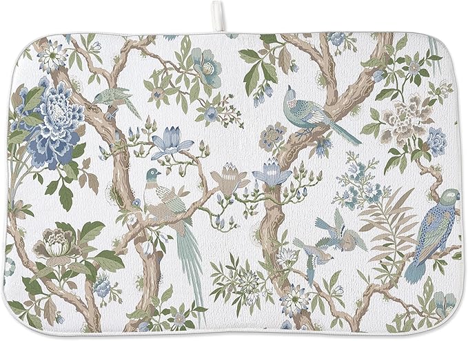 Chinoiserie Dish Drying Mat 18x24 Inches For Kitchen Counter Blue Green Birds Floral Kitchen Decoration Drying Mat Decorative Flower Drying Pad for Kitchen Dining Room Decor