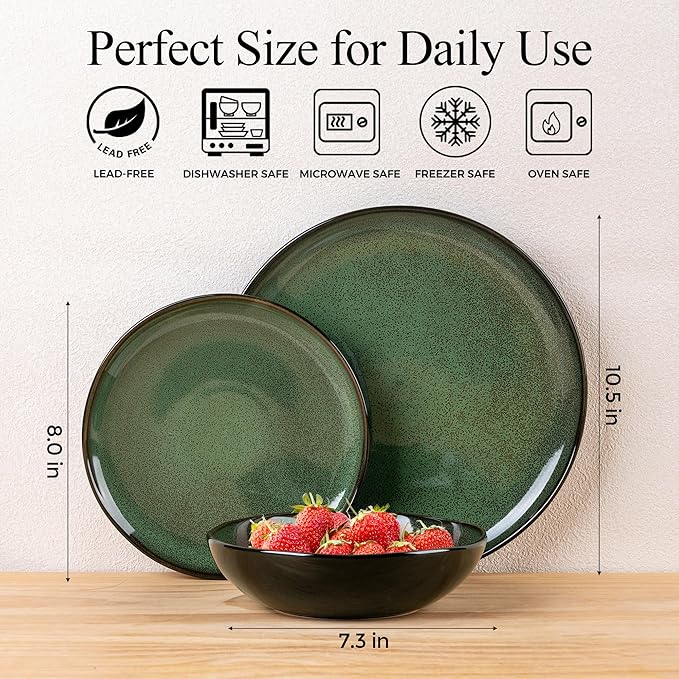 LeRatio Ceramic Dinnerware Sets for 4,Wavy Reactive Glaze Stoneware Plates and Bowls Sets,Highly Scratch Resistant | Dishwasher & Microwave,Oven Safe Dishes Set(12PCS)