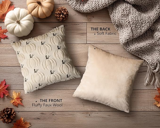 4TH Emotion Fall Pumpkin Decorative Pillow Covers 18"x18" Set of 2, Beige Soft Plush Faux Fur Throw Cushion Cases for Autumn Thanksgiving Holiday Home Decorations