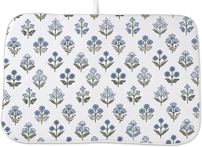 Blue Sage Green Block Print Dish Drying Mats 18x24 Inch Blue Sage Green Vintage Spring Floral Decorative Drying Mats Summer Outdoor Decor Coffee Bar Mat for Kitchen Dining Room