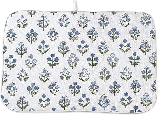 Blue Sage Green Block Print Dish Drying Mats 18x24 Inch Blue Sage Green Vintage Spring Floral Decorative Drying Mats Summer Outdoor Decor Coffee Bar Mat for Kitchen Dining Room