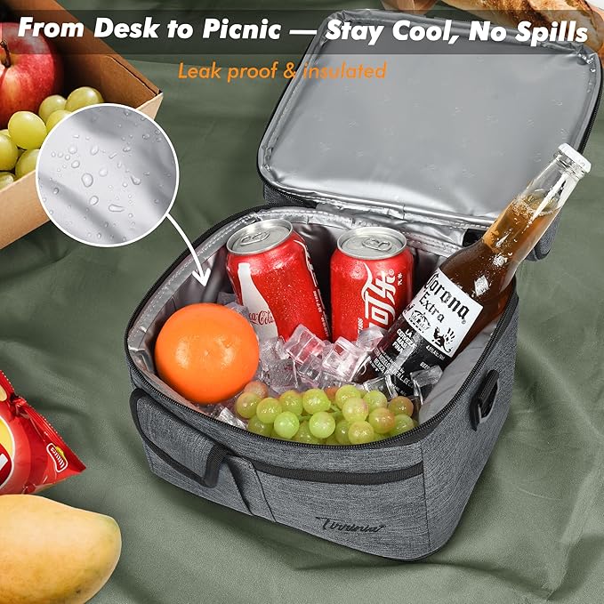 Tirrinia Reusable Lunch Box for Men Women, Insulated Lunch Bag Adult Work, Double Decker Leakproof Lunchbox for Office Picnic Beach—Dual Compartment Lunch Cooler Bag,Dark Gray
