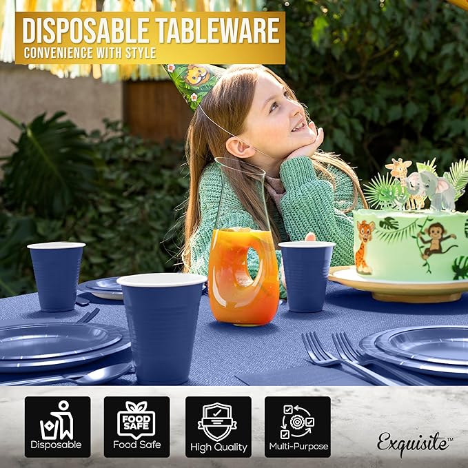 222 Pcs Dark Blue Paper Plates and Napkins Sets, Disposable Plates For Party, Lunch & Cocktail Napkins Paper, 18oz Plastic Cups, Cutlery and Dark Blue Table cloth Plastic Dinnerware Set