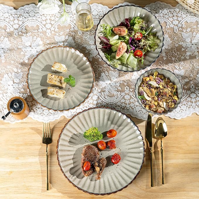 GBHOME Stoneware Dinnerware Sets for 4,Handcrafted Embossed Design Reactive Glaze Ceramic Plates and Bowls, Dishwasher and Microwave Safe, Service for 4(12pcs)