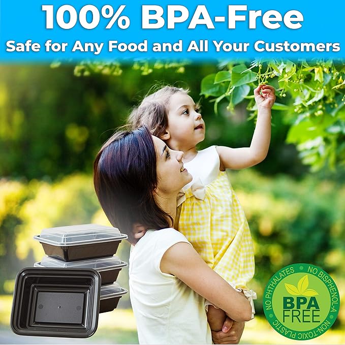 Pro Grade BPA-Free Plastic Containers with Lids 50ct. 12oz Leakproof Microwavable Portion Container for To-Go Orders, Food Prep and Storage. Reusable Bento Box for Restaurant Cafe and Catering.
