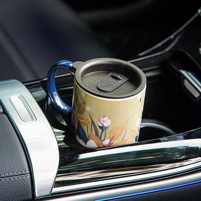 Topadorn Ceramic Mug Coffee Cups with Spill-Proof Lid Latte Mugs for Home and Office with Gift Box,White and Pink Flowers