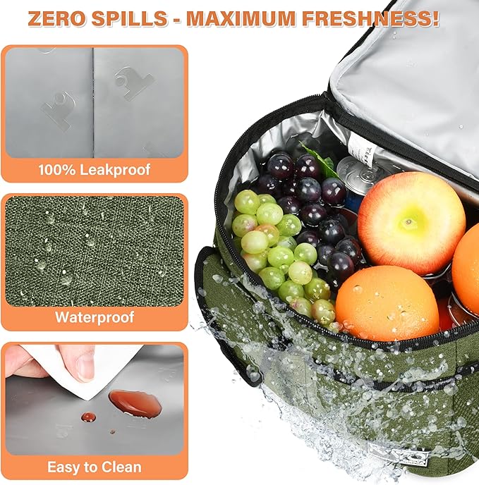 Tirrinia Insulated Lunch Bag for Women Men, Leakproof Lunch Box Containers for Adult, Work, School, Soft Lunchbox for Kids,Boys, Adult Cooler Bag for Picnic Hiking Beach,Green