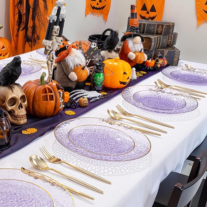 SUT 36Pcs Purple Plastic Plates, Hammered Plates Disposable Heavy Duty, Purple Disposable Plates With Gold Rim, Fancy Plastic plates Include 18 Dinner and 18 Dessert plates for Wedding