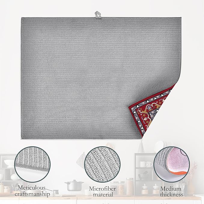 Boho Dish Drying Mat,Persian Original Tribal Drying Rack Pad Countertop Dishes Ultra Absorbent Microfiber Kitchen Counter Mat for Coffee Countertop Decor 18x24 Inch
