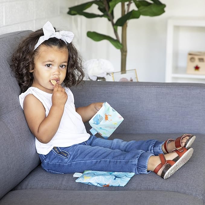 Bumkins Reusable Snack Bags, for Kids School Lunch and for Adults Portion, Washable Fabric, Waterproof Cloth Zip Bag, Supplies Travel Pouch, Food-Safe Storage, 2-pk Blue Ocean Life