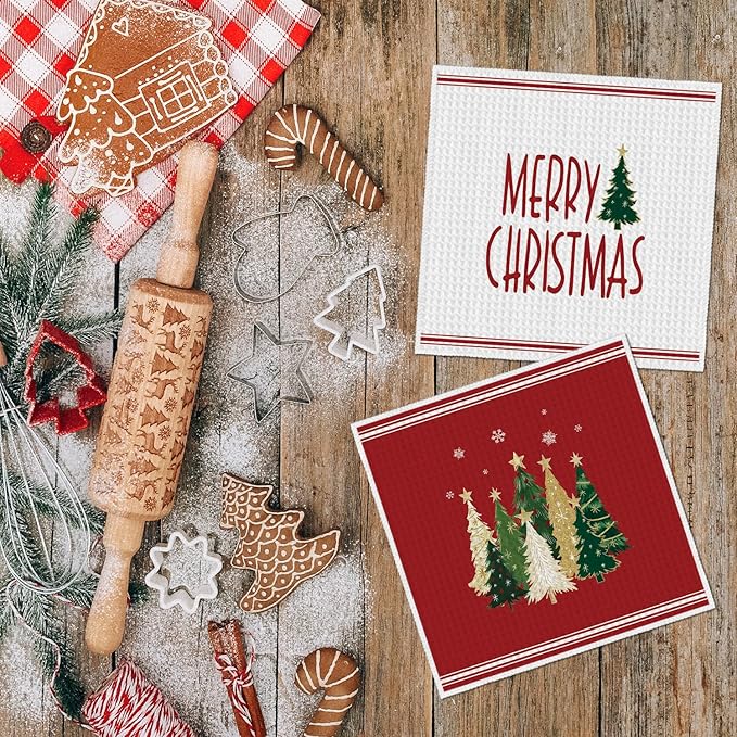 Artoid Mode Red Star Xmas Tree Merry Christmas Kitchen Dish Cloths, 12x12 Inch Quick Dry Microfiber Dishcloths for Kitchen Dish Rags Set of 2