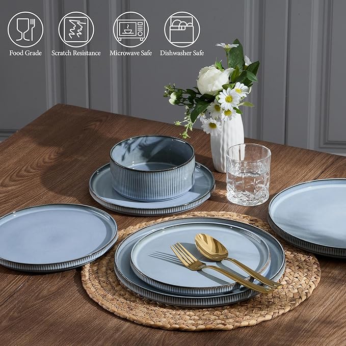 E-far 16 Piece Dinnerware Sets, Plates and Bowls with Pasta Bowls Service for 4, Modern Stoneware Ribbed Dishes for Kitchen Dining, Microwave & Dishwasher Safe, Dusty Blue