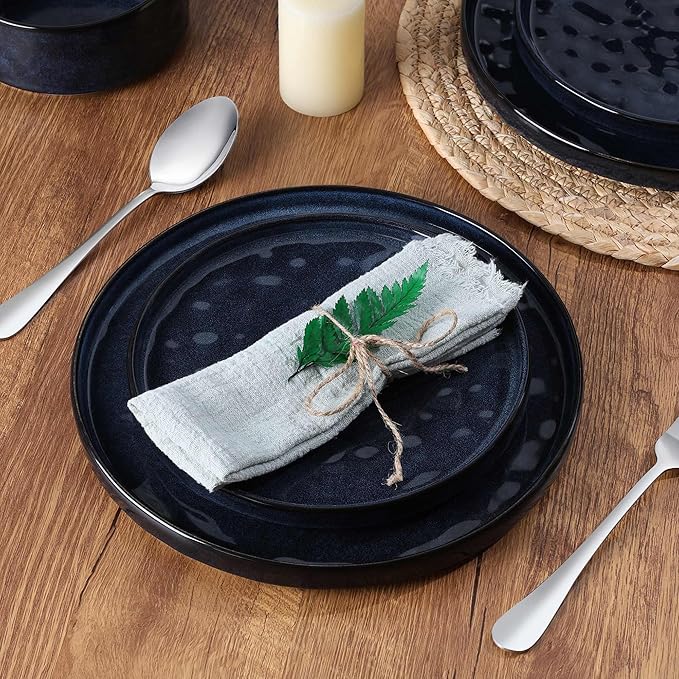 LIANYU Plates and Bowls Sets for 2, 6 Piece Dish Dinnerware Sets, Stoneware Kitchen Dinner Dishware, Microwave & Dishwasher Safe, Cetacean Blue